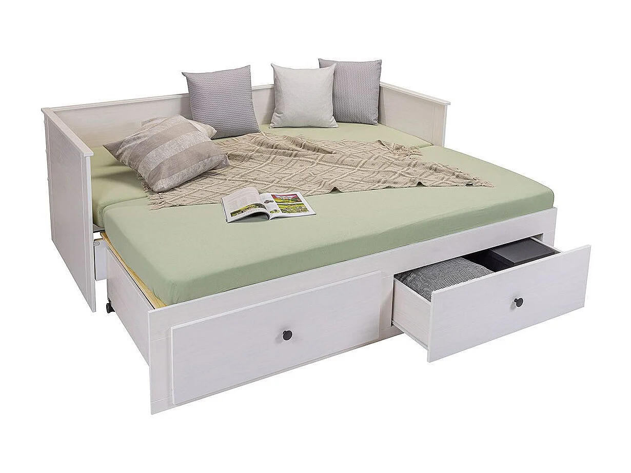 Lit banquette 90X200 cm extensible en 180X200 cm avec tiroirs de rangement en pin vernis blanc - WILMA