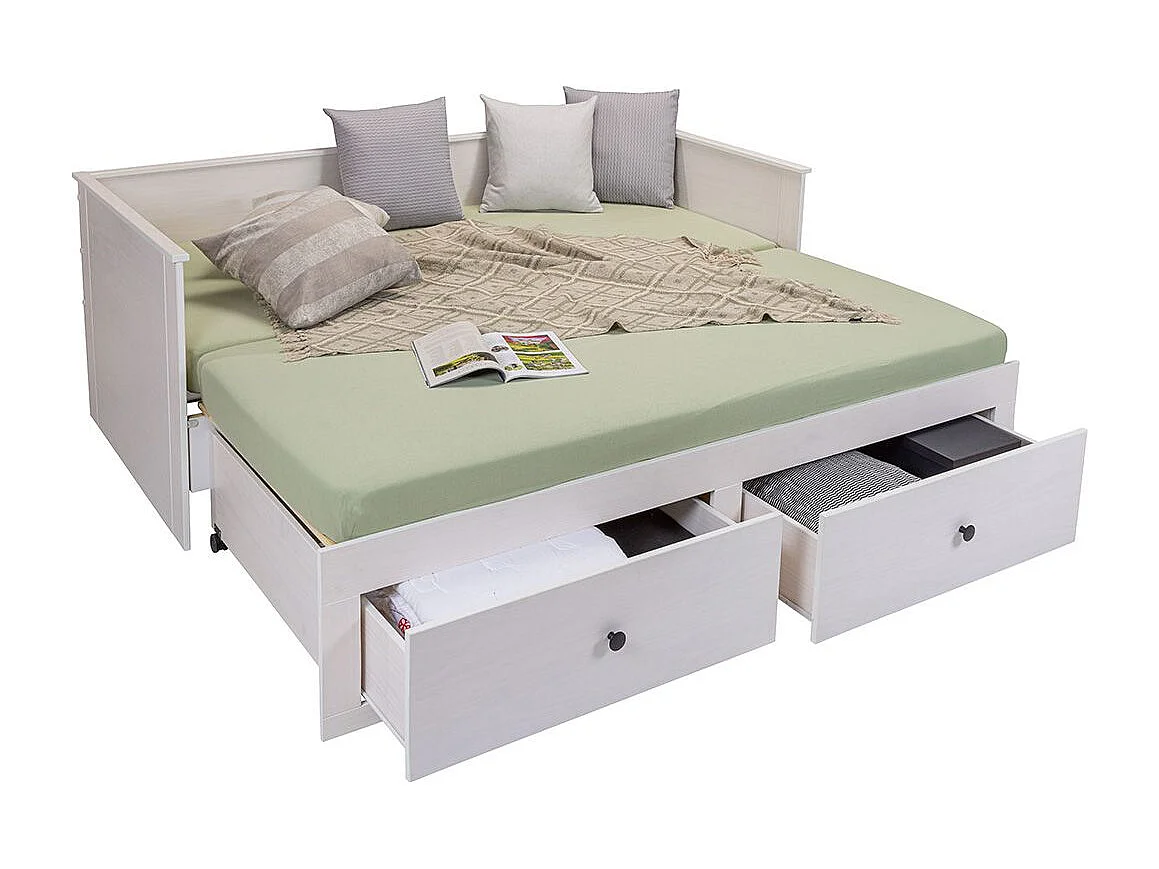 Lit banquette 90X200 cm extensible en 180X200 cm avec tiroirs de rangement en pin vernis blanc - WILMA