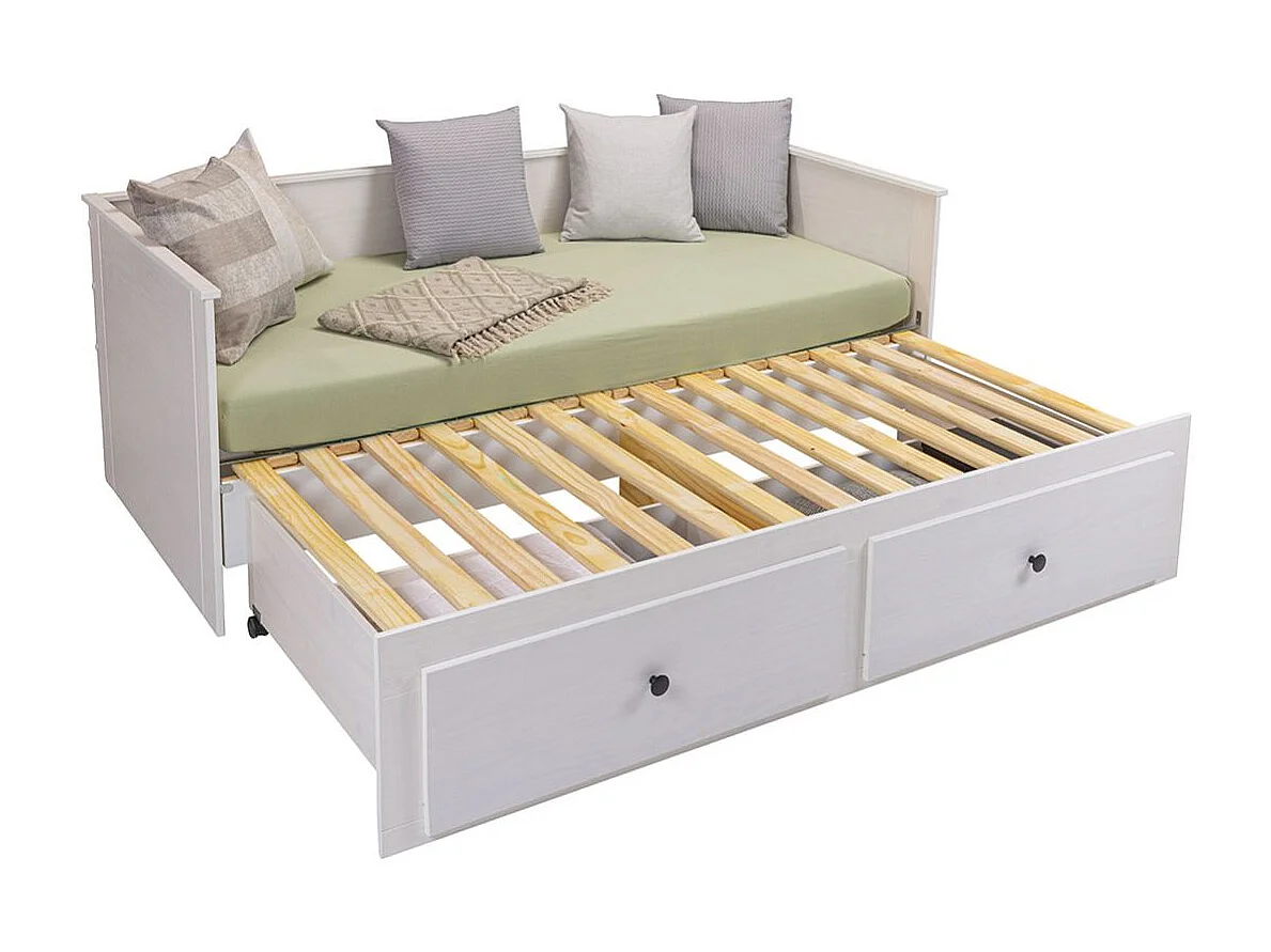 Lit banquette 90X200 cm extensible en 180X200 cm avec tiroirs de rangement en pin vernis blanc - WILMA