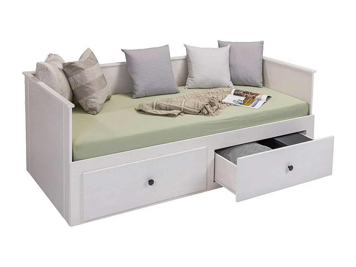 Lit banquette 90X200 cm extensible en 180X200 cm avec tiroirs de rangement en pin vernis blanc - WILMA