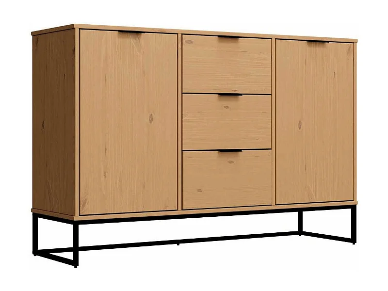 Buffet 2 portes 3 tiroirs en pin massif teinté chêne piètement noir - CATHY