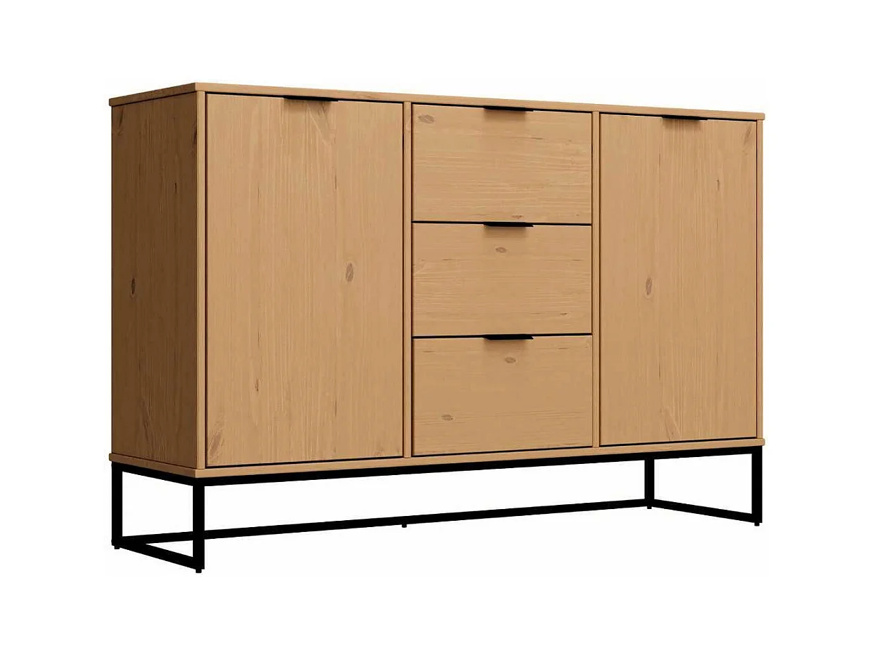 Buffet 2 portes 3 tiroirs en pin massif teinté chêne piètement noir - CATHY