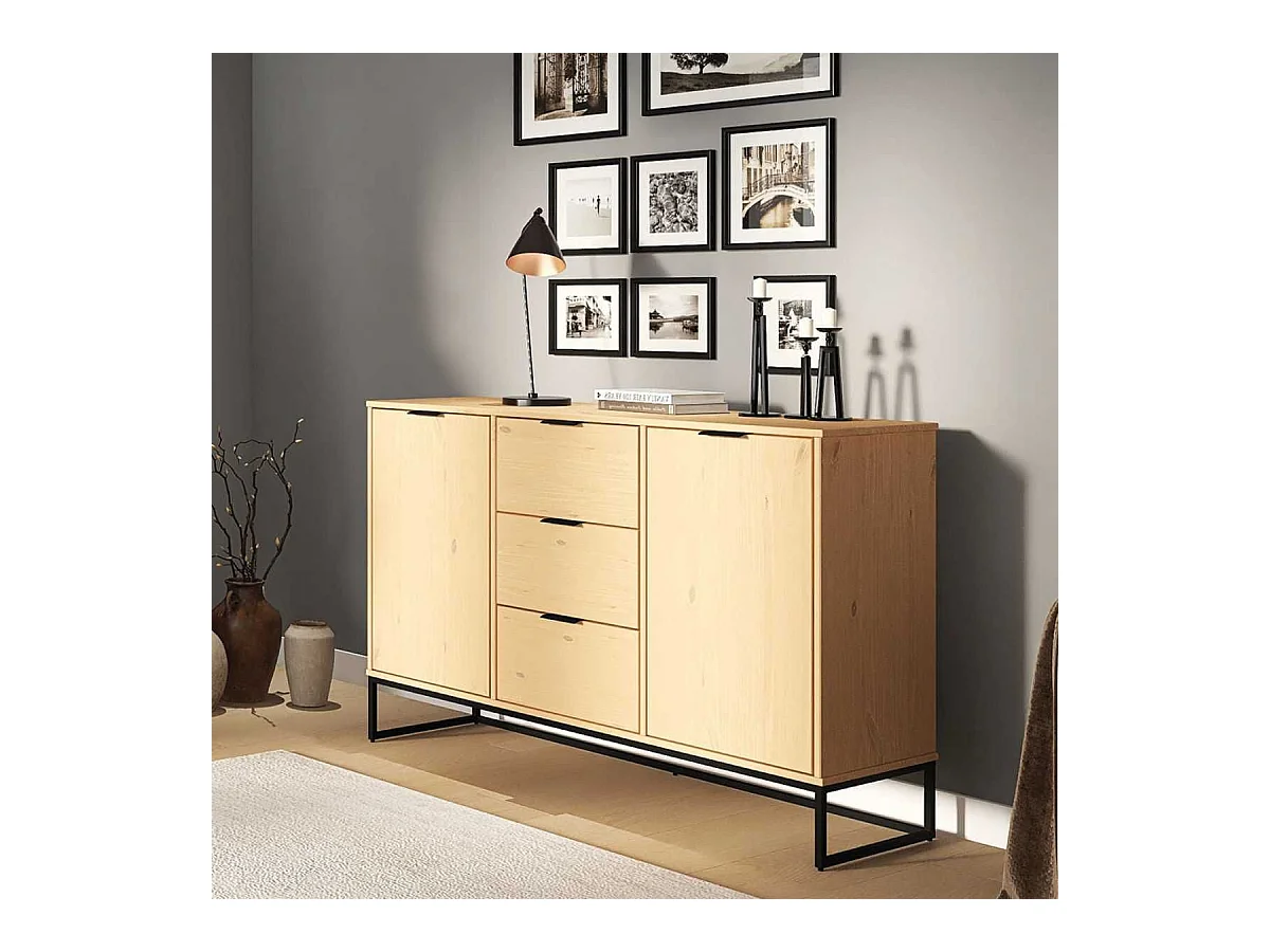 Buffet 2 portes 3 tiroirs en pin massif teinté chêne piètement noir - CATHY