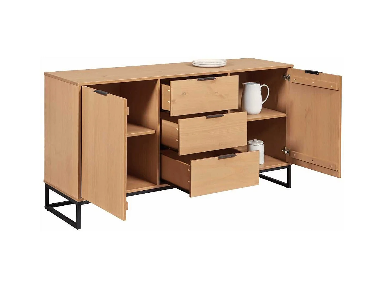 Buffet 2 portes 3 tiroirs en pin massif teinté chêne piètement noir - CATHY