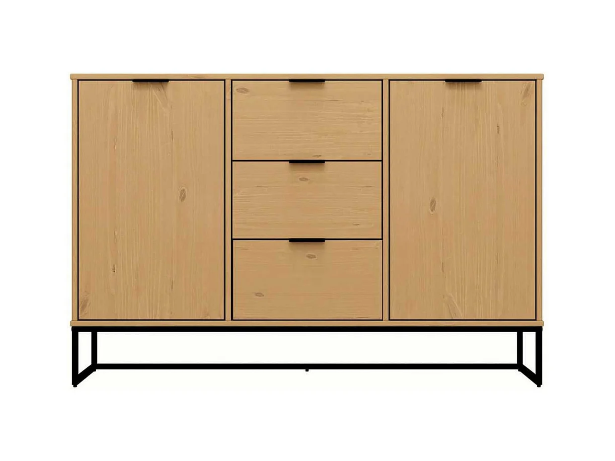 Buffet 2 portes 3 tiroirs en pin massif teinté chêne piètement noir - CATHY