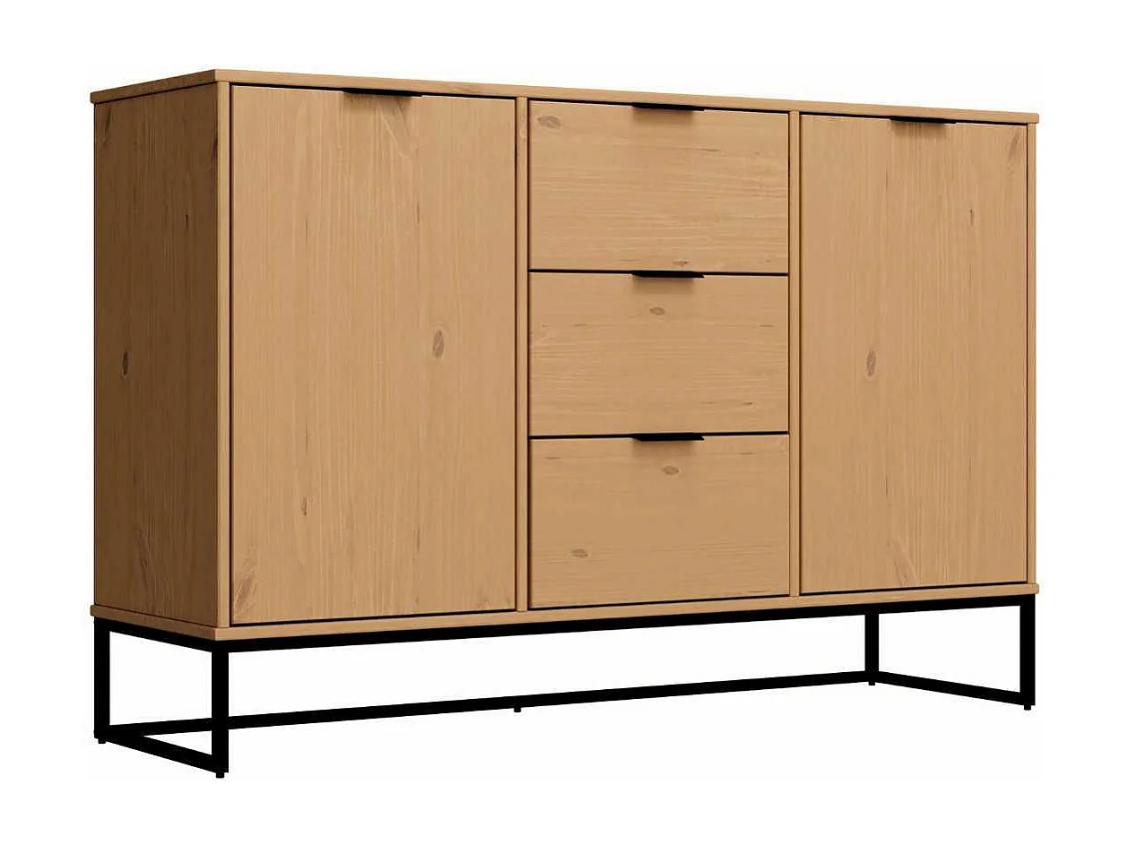 Buffet 2 portes 3 tiroirs en pin massif teinté chêne piètement noir - CATHY