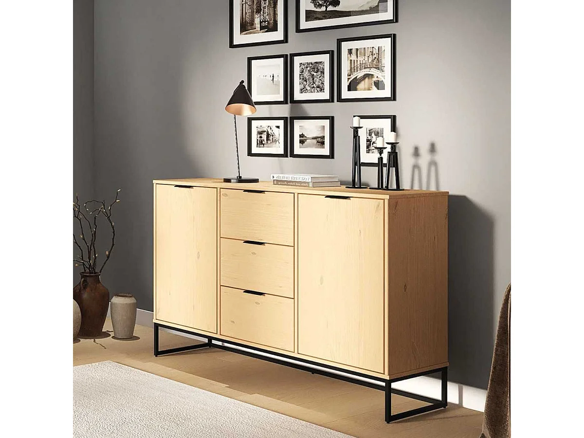 Buffet 2 portes 3 tiroirs en pin massif teinté chêne piètement noir - CATHY