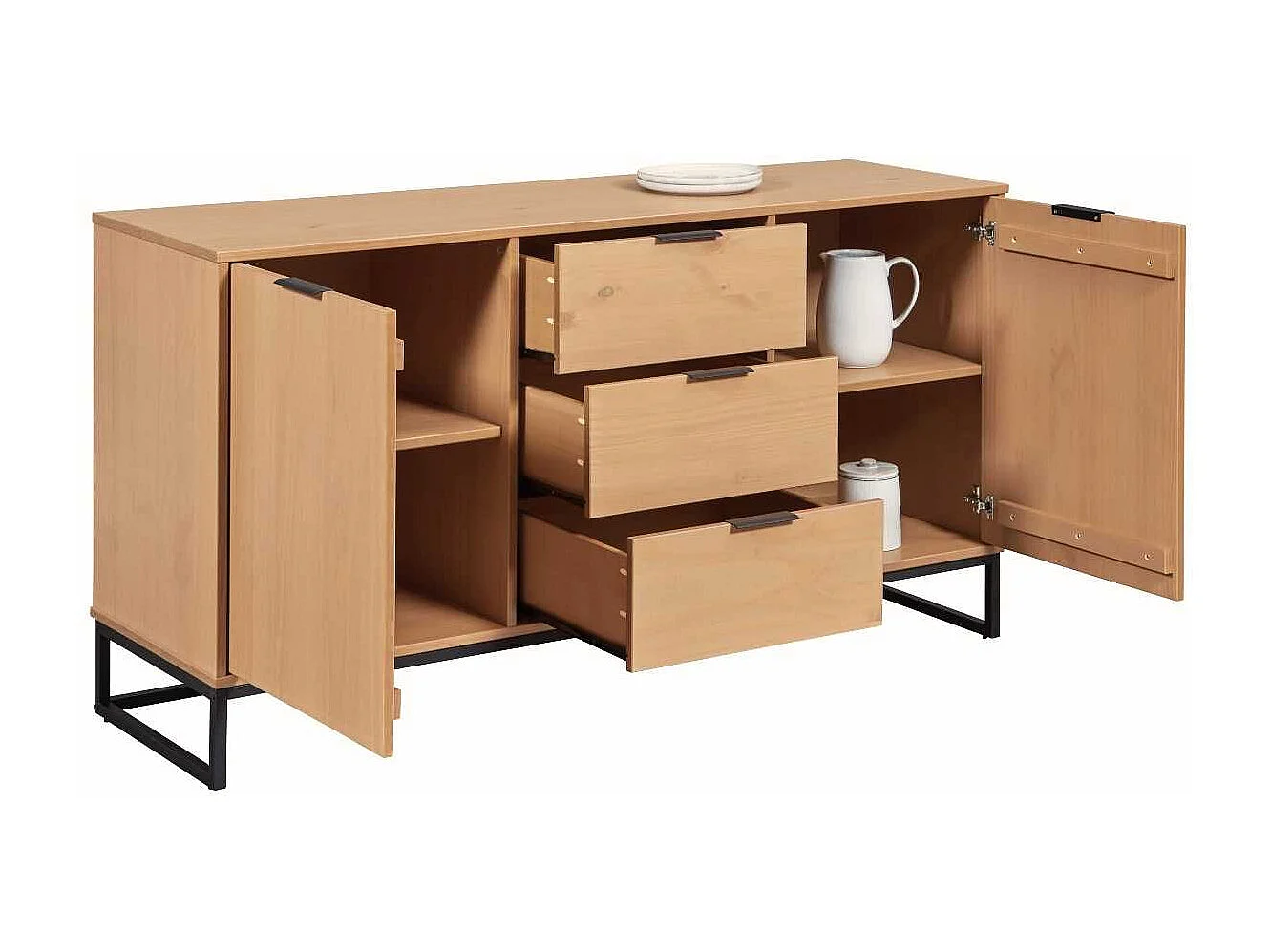 Buffet 2 portes 3 tiroirs en pin massif teinté chêne piètement noir - CATHY