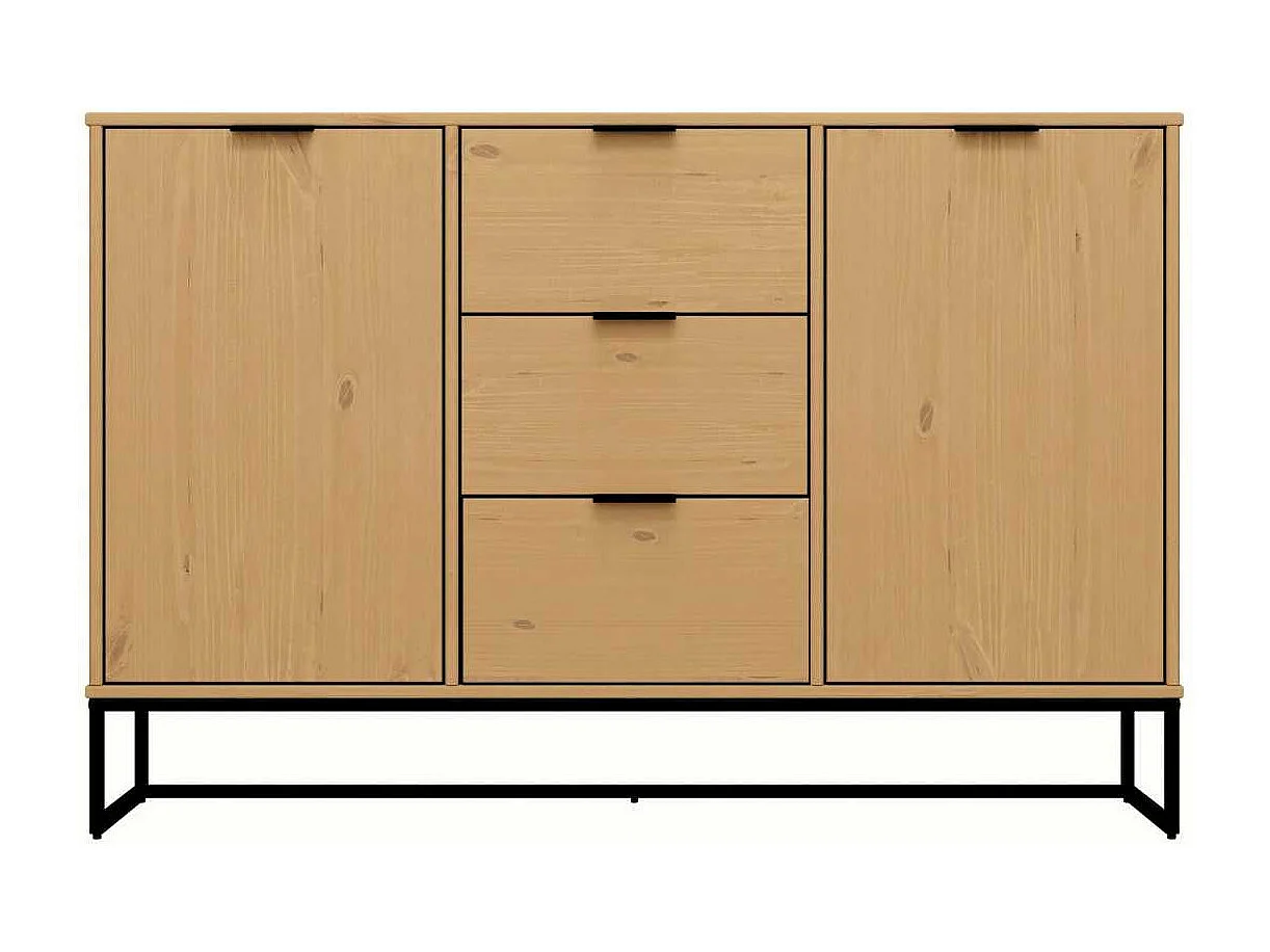Buffet 2 portes 3 tiroirs en pin massif teinté chêne piètement noir - CATHY