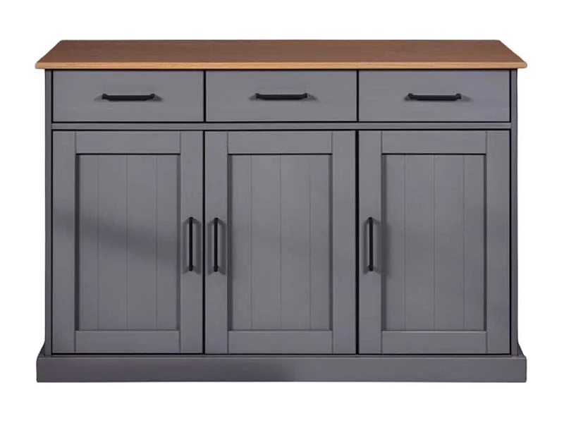 Buffet 3 portes 3 tiroirs en pin massif teinté gris plateau teinté chêne - FABIO