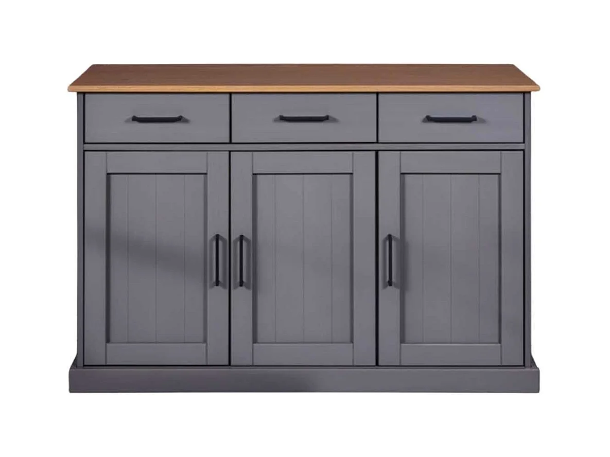 Buffet 3 portes 3 tiroirs en pin massif teinté gris plateau teinté chêne - FABIO