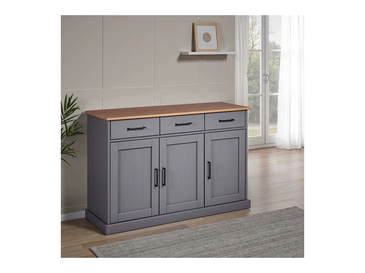 Buffet 3 portes 3 tiroirs en pin massif teinté gris plateau teinté chêne - FABIO