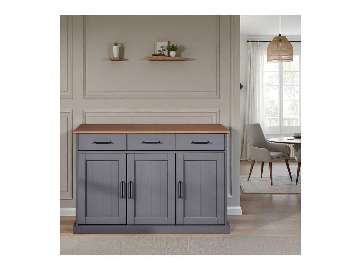 Buffet 3 portes 3 tiroirs en pin massif teinté gris plateau teinté chêne - FABIO