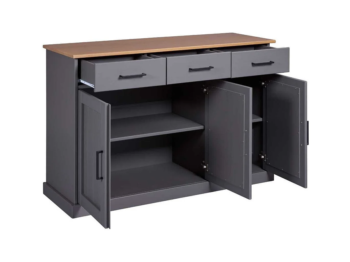 Buffet 3 portes 3 tiroirs en pin massif teinté gris plateau teinté chêne - FABIO
