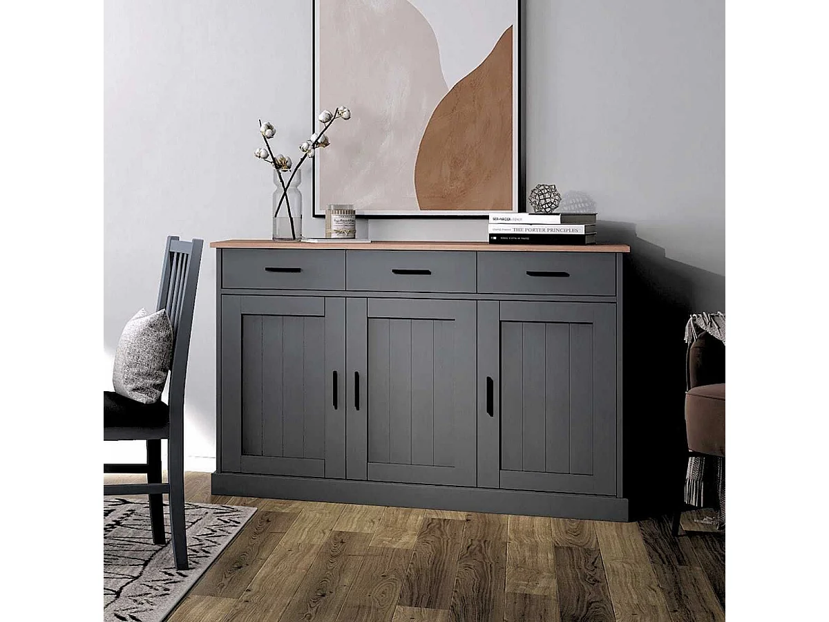 Buffet 3 portes 3 tiroirs en pin massif teinté gris plateau teinté chêne - FABIO