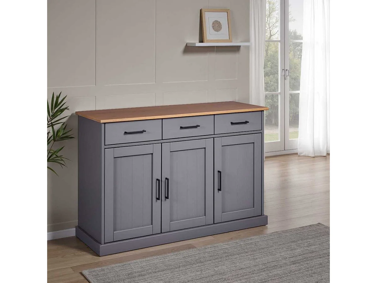 Buffet 3 portes 3 tiroirs en pin massif teinté gris plateau teinté chêne - FABIO