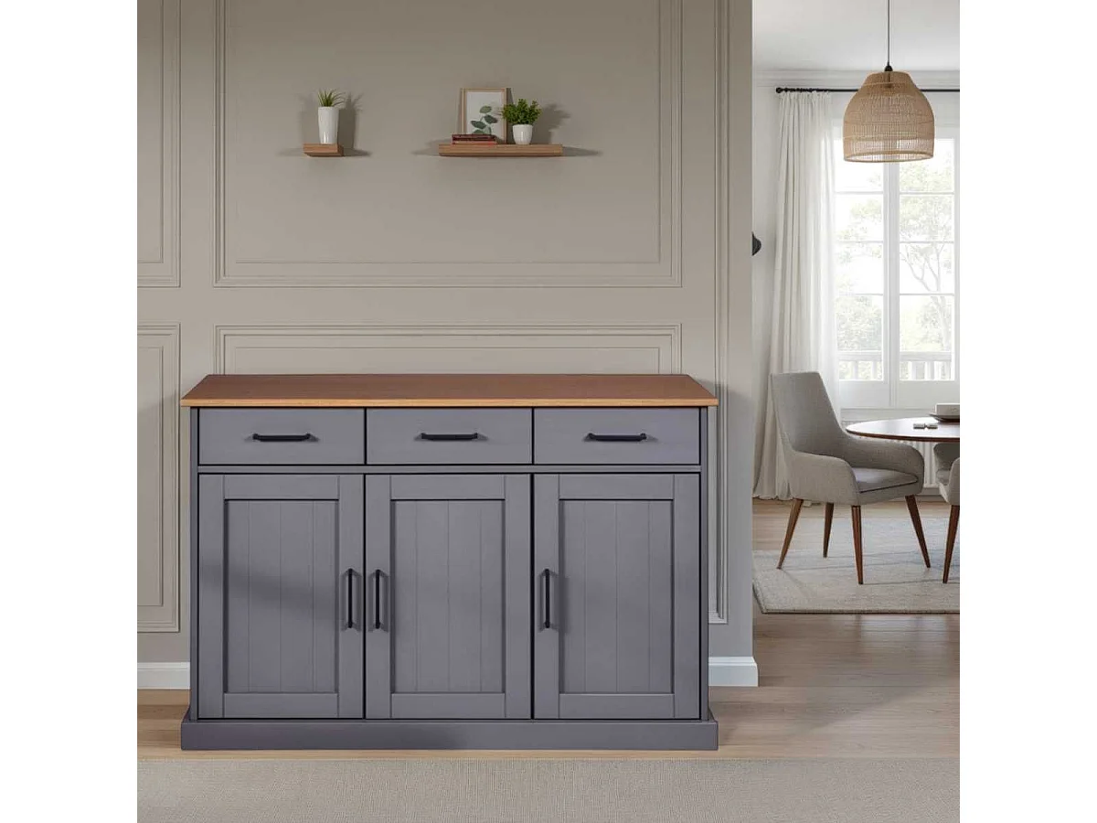 Buffet 3 portes 3 tiroirs en pin massif teinté gris plateau teinté chêne - FABIO