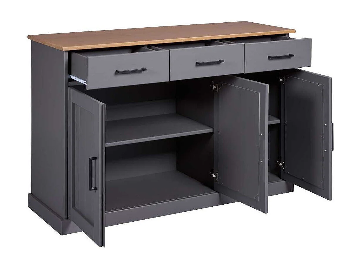 Buffet 3 portes 3 tiroirs en pin massif teinté gris plateau teinté chêne - FABIO