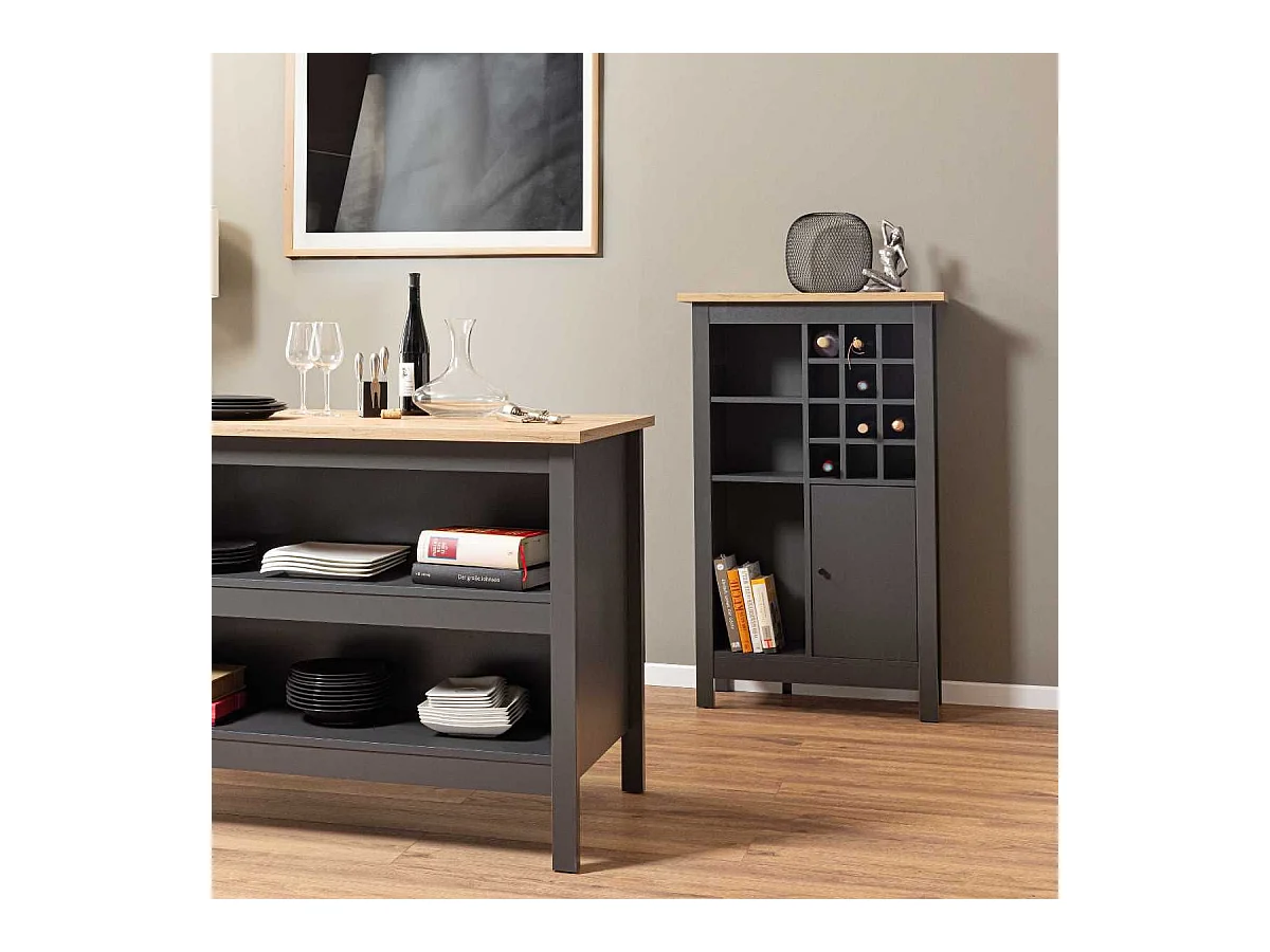 Rangement de Cuisine pour Bouteilles Anthracite et Plateau Effet Bois - KENNY