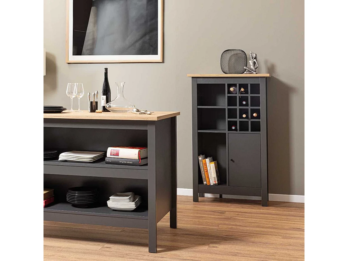 Rangement de Cuisine pour Bouteilles Anthracite et Plateau Effet Bois - KENNY