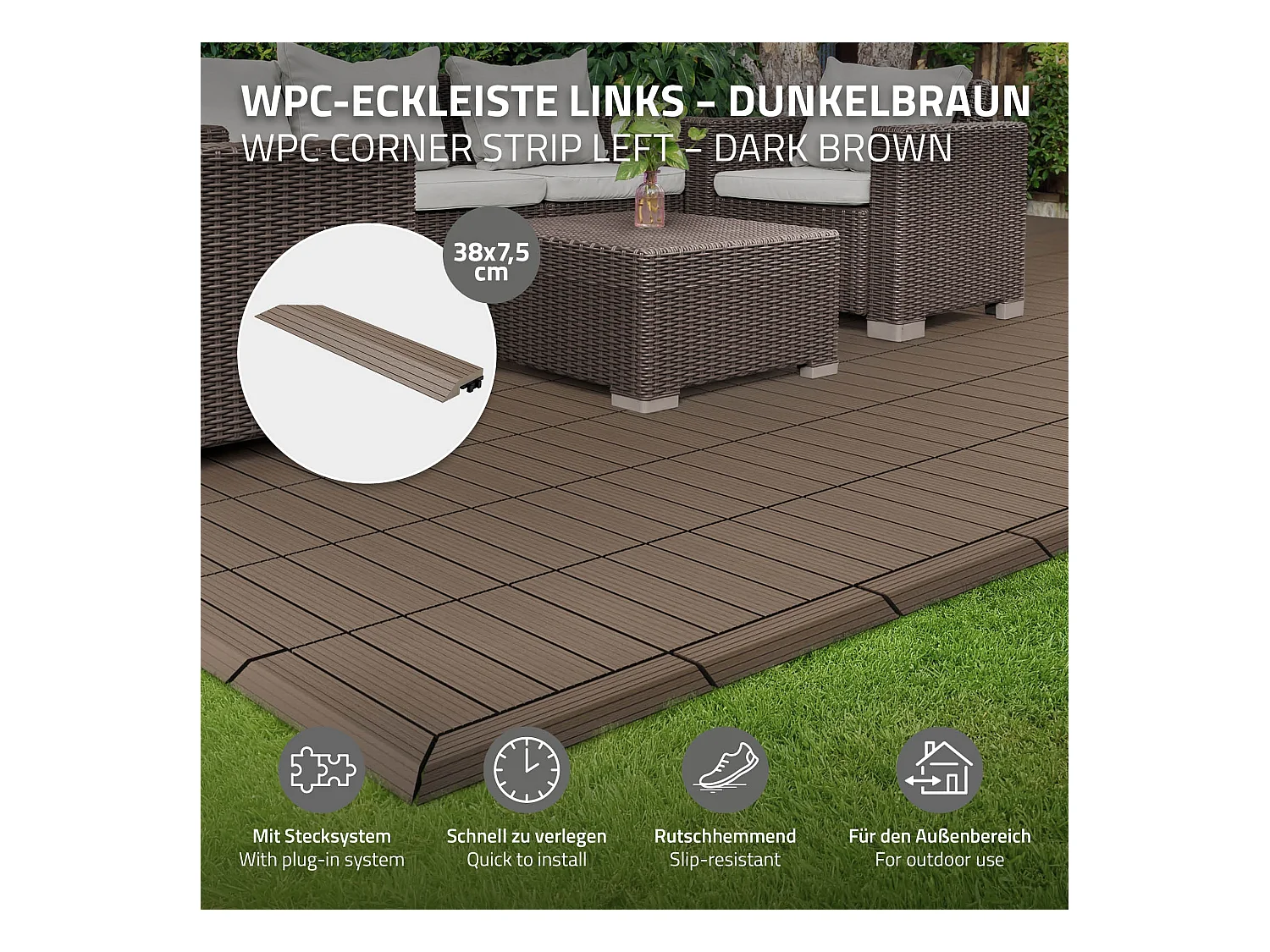 Bordure de finition coin gauche 38x2x7,5cm Brun foncé Plinthe d'angle striée aspect de bois drainage et structure de support système d'encliquetage