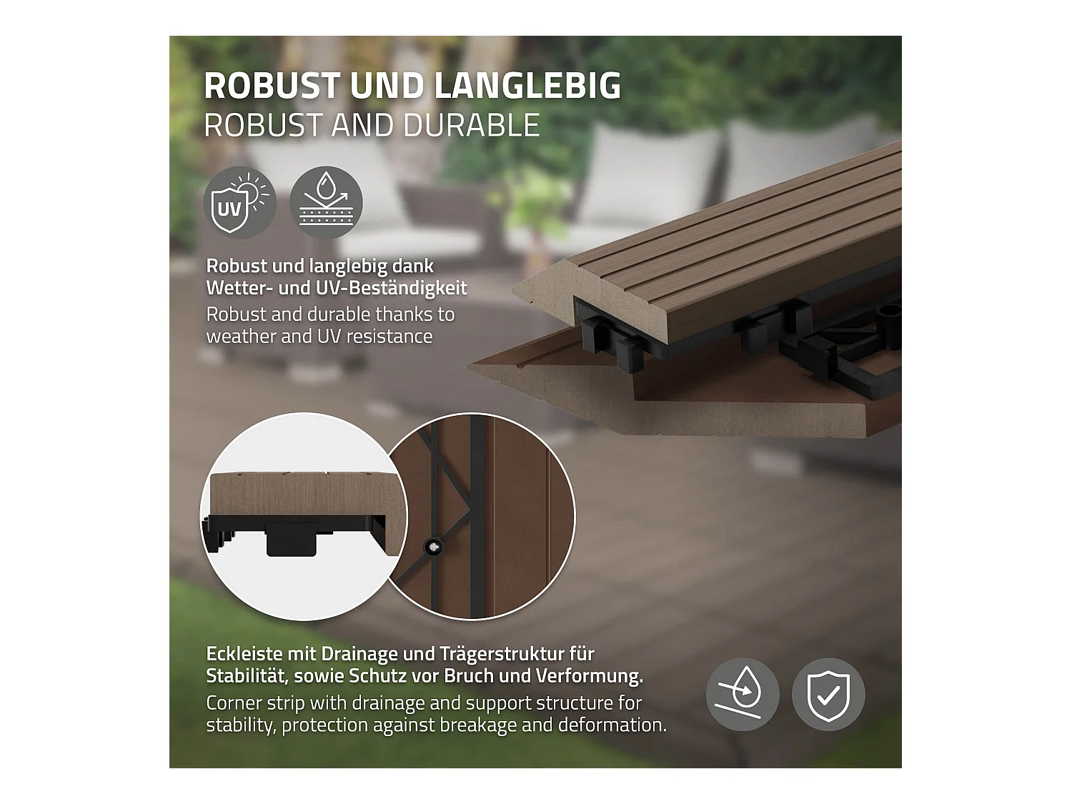 Bordure de finition coin gauche 38x2x7,5cm Brun foncé Plinthe d'angle striée aspect de bois drainage et structure de support système d'encliquetage