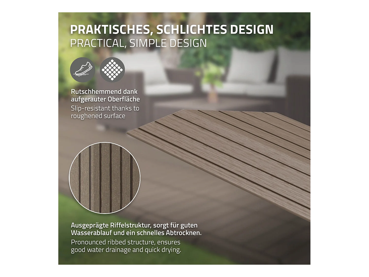 Bordure de finition coin gauche 38x2x7,5cm Brun foncé Plinthe d'angle striée aspect de bois drainage et structure de support système d'encliquetage