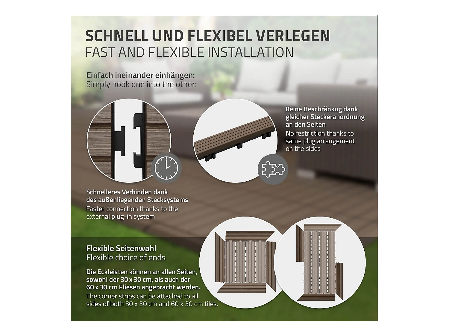 Bordure de finition coin gauche 38x2x7,5cm Brun foncé Plinthe d'angle striée aspect de bois drainage et structure de support système d'encliquetage
