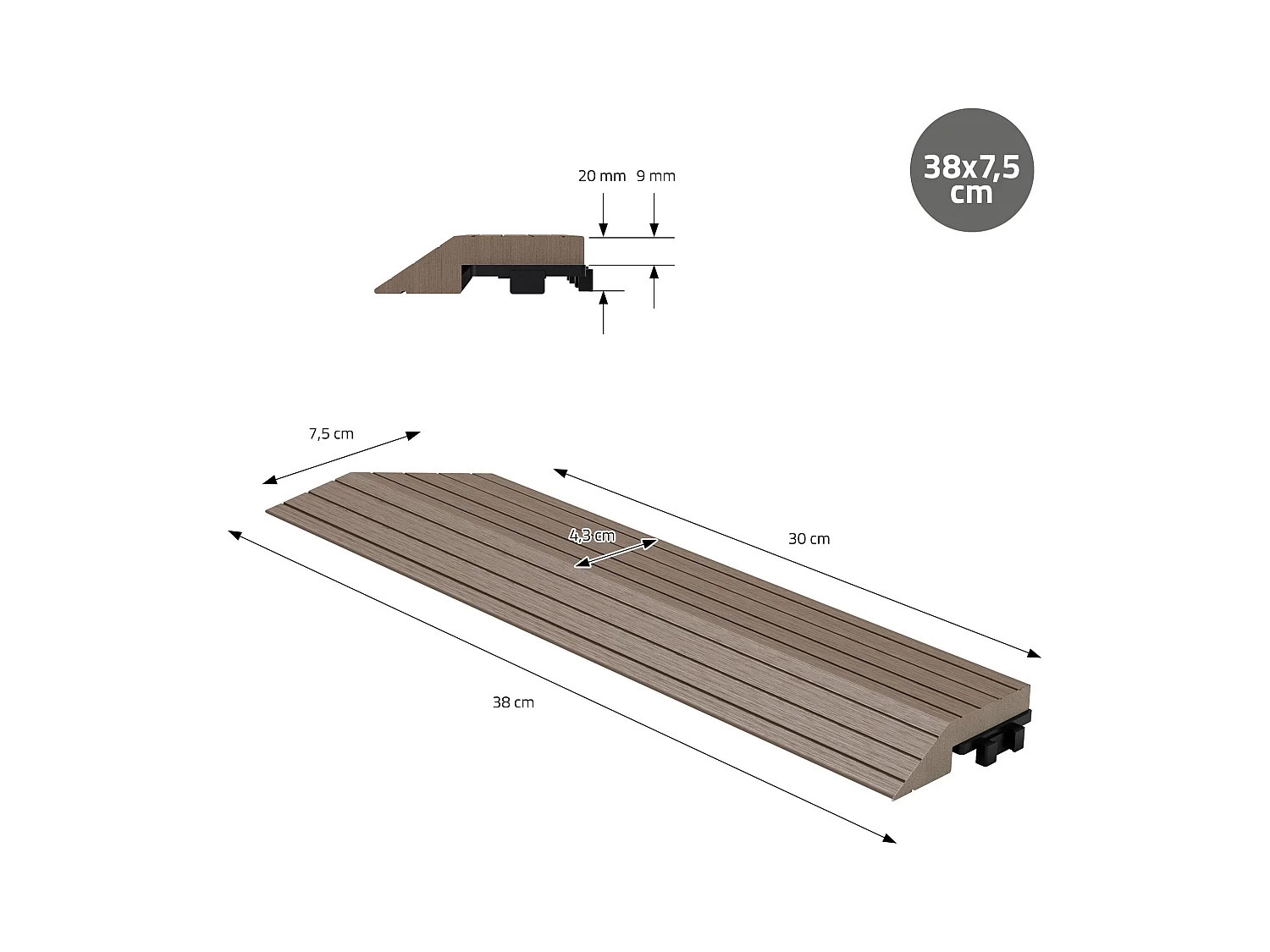 Bordure de finition coin gauche 38x2x7,5cm Brun foncé Plinthe d'angle striée aspect de bois drainage et structure de support système d'encliquetage