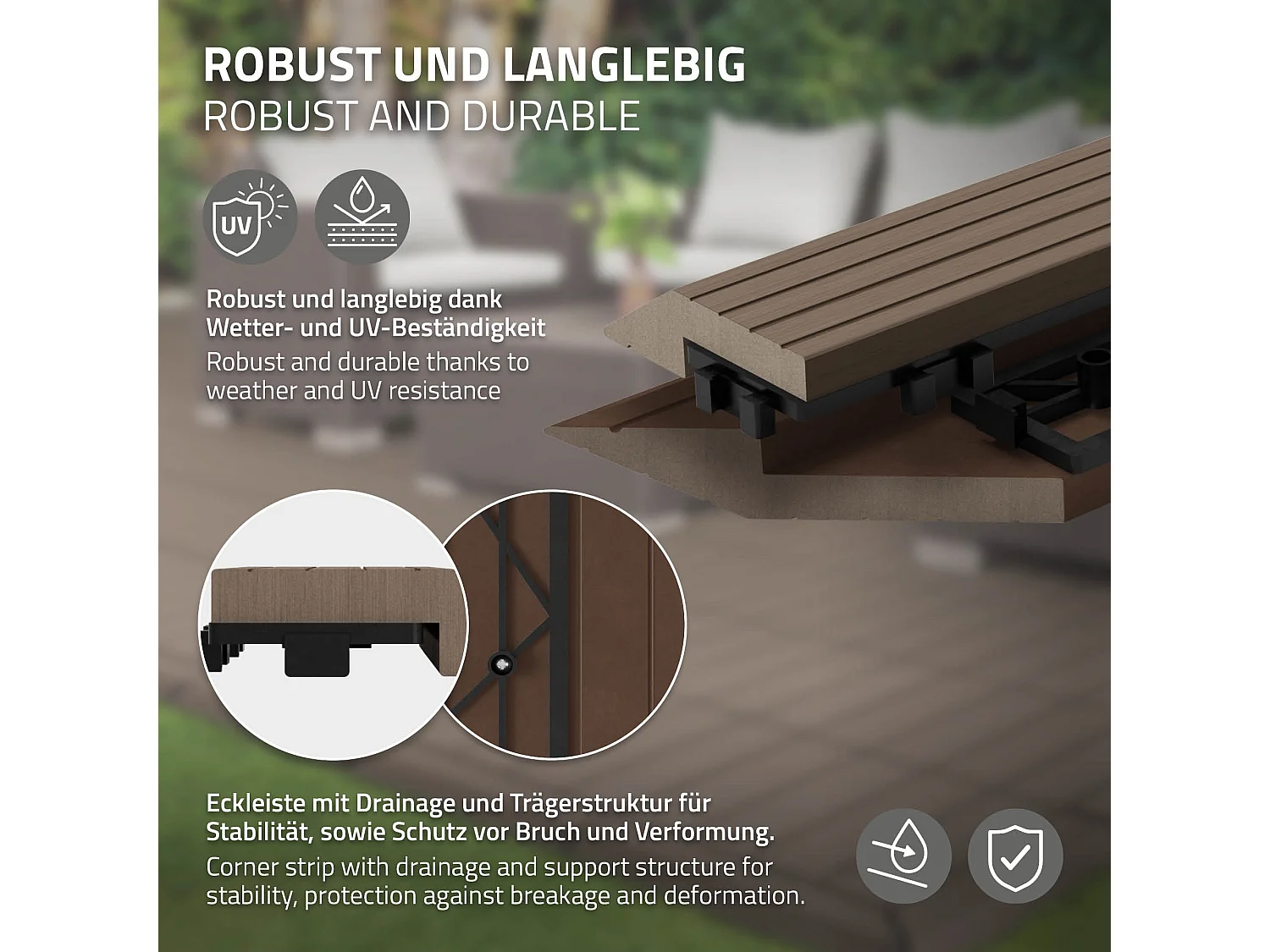 Bordure de finition coin gauche 38x2x7,5cm Brun foncé Plinthe d'angle striée aspect de bois drainage et structure de support système d'encliquetage