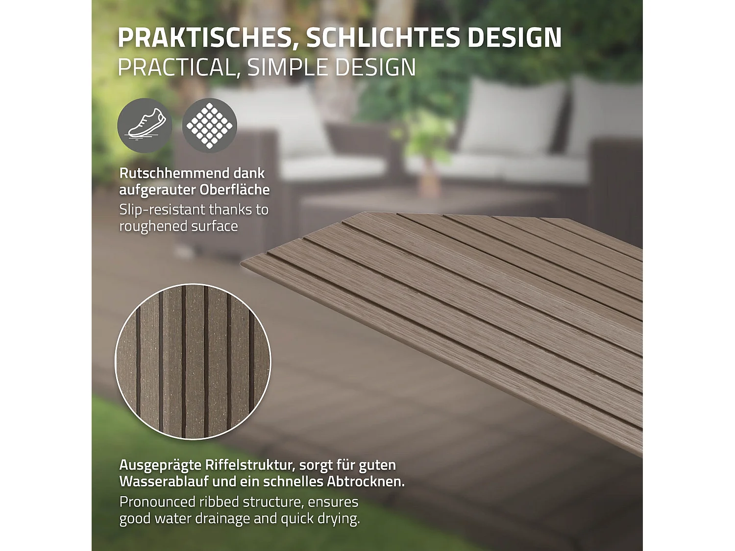 Bordure de finition coin gauche 38x2x7,5cm Brun foncé Plinthe d'angle striée aspect de bois drainage et structure de support système d'encliquetage