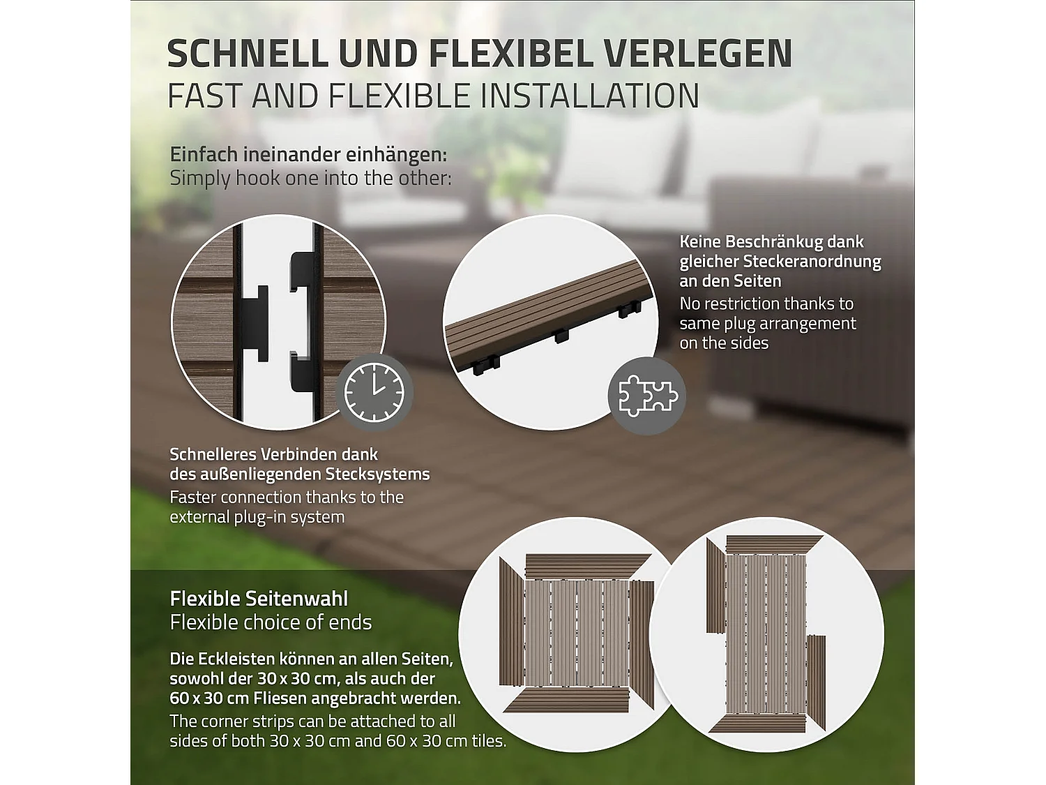 Bordure de finition coin gauche 38x2x7,5cm Brun foncé Plinthe d'angle striée aspect de bois drainage et structure de support système d'encliquetage