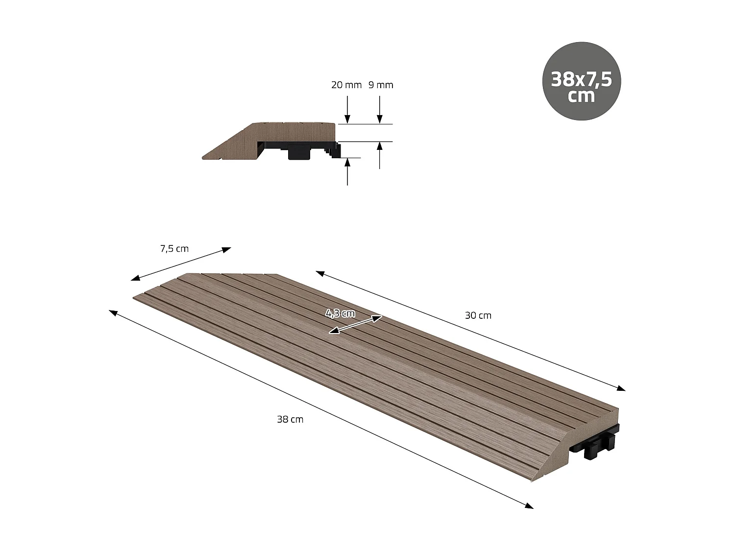 Bordure de finition coin gauche 38x2x7,5cm Brun foncé Plinthe d'angle striée aspect de bois drainage et structure de support système d'encliquetage