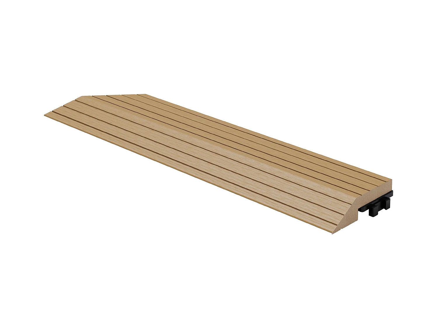 Bordure de finition coin gauche 38x2x7,5cm teck Plinthe d'angle striée aspect de bois avec drainage et structure de support système d'encliquetage