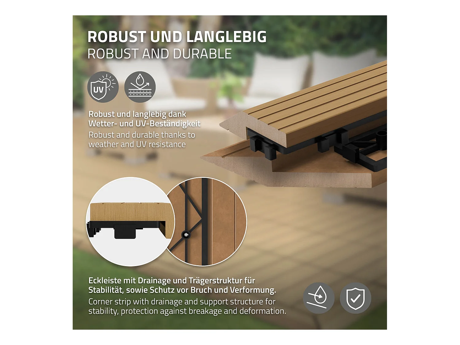 Bordure de finition coin gauche 38x2x7,5cm teck Plinthe d'angle striée aspect de bois avec drainage et structure de support système d'encliquetage