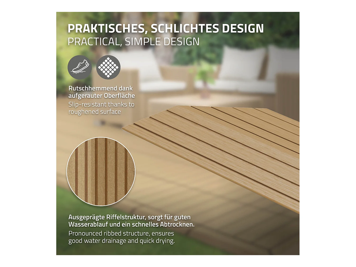 Bordure de finition coin gauche 38x2x7,5cm teck Plinthe d'angle striée aspect de bois avec drainage et structure de support système d'encliquetage