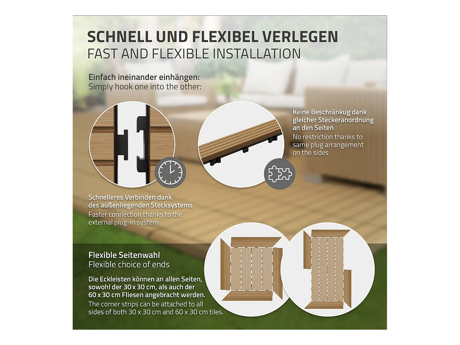 Bordure de finition coin gauche 38x2x7,5cm teck Plinthe d'angle striée aspect de bois avec drainage et structure de support système d'encliquetage