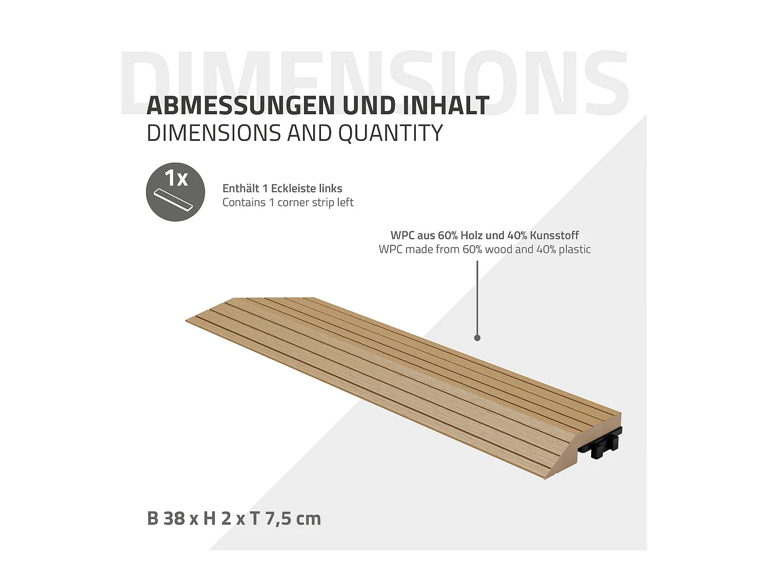 Bordure de finition coin gauche 38x2x7,5cm teck Plinthe d'angle striée aspect de bois avec drainage et structure de support système d'encliquetage