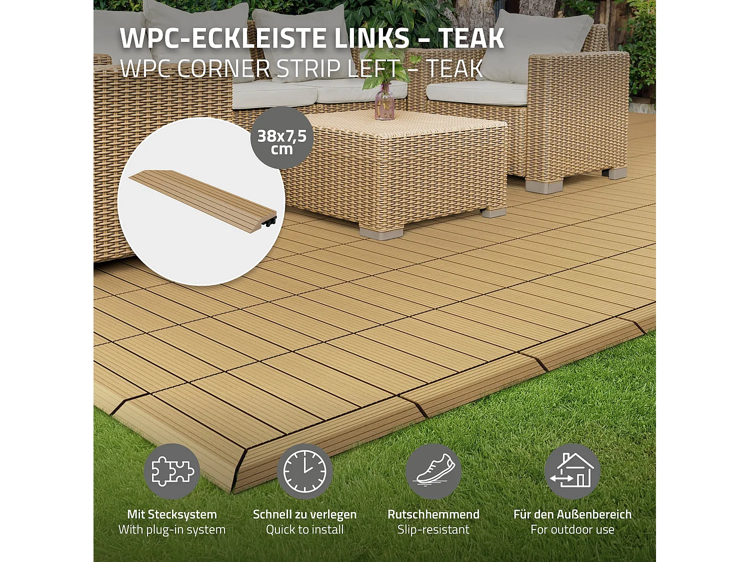 Bordure de finition coin gauche 38x2x7,5cm teck Plinthe d'angle striée aspect de bois avec drainage et structure de support système d'encliquetage