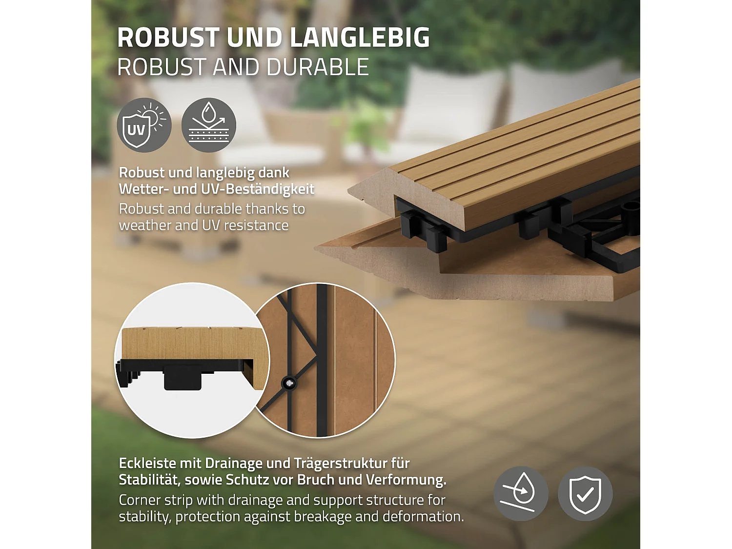 Bordure de finition coin gauche 38x2x7,5cm teck Plinthe d'angle striée aspect de bois avec drainage et structure de support système d'encliquetage