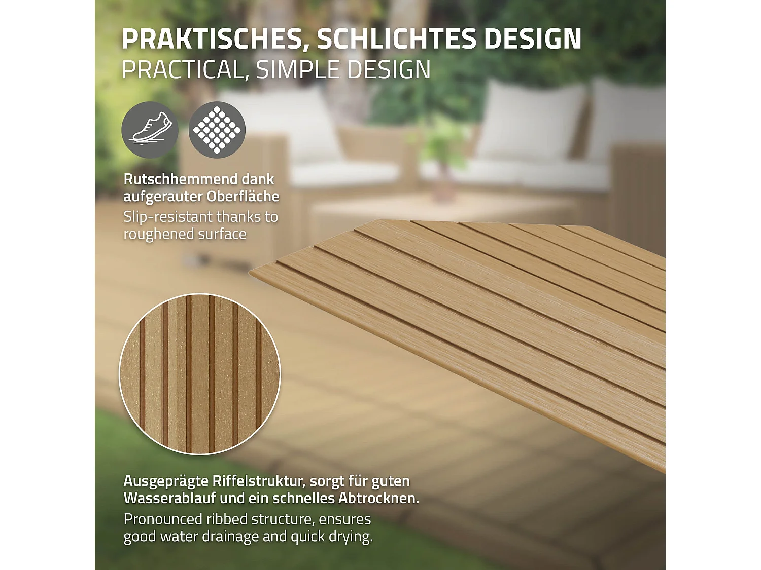 Bordure de finition coin gauche 38x2x7,5cm teck Plinthe d'angle striée aspect de bois avec drainage et structure de support système d'encliquetage