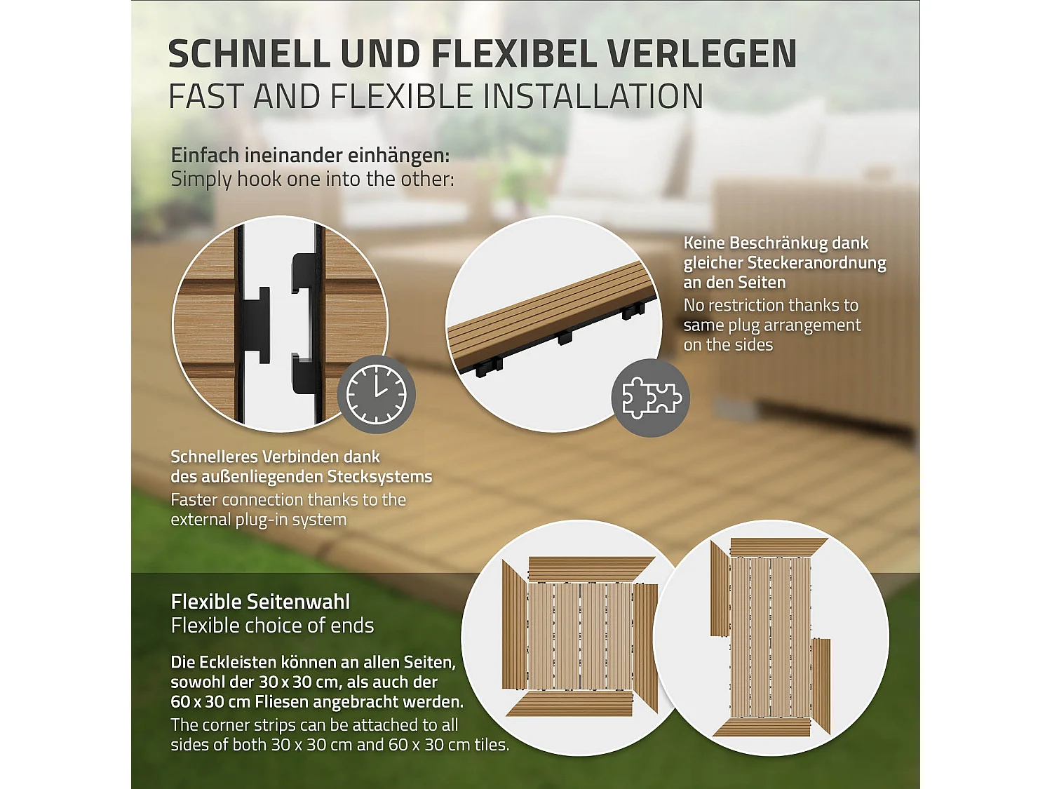 Bordure de finition coin gauche 38x2x7,5cm teck Plinthe d'angle striée aspect de bois avec drainage et structure de support système d'encliquetage