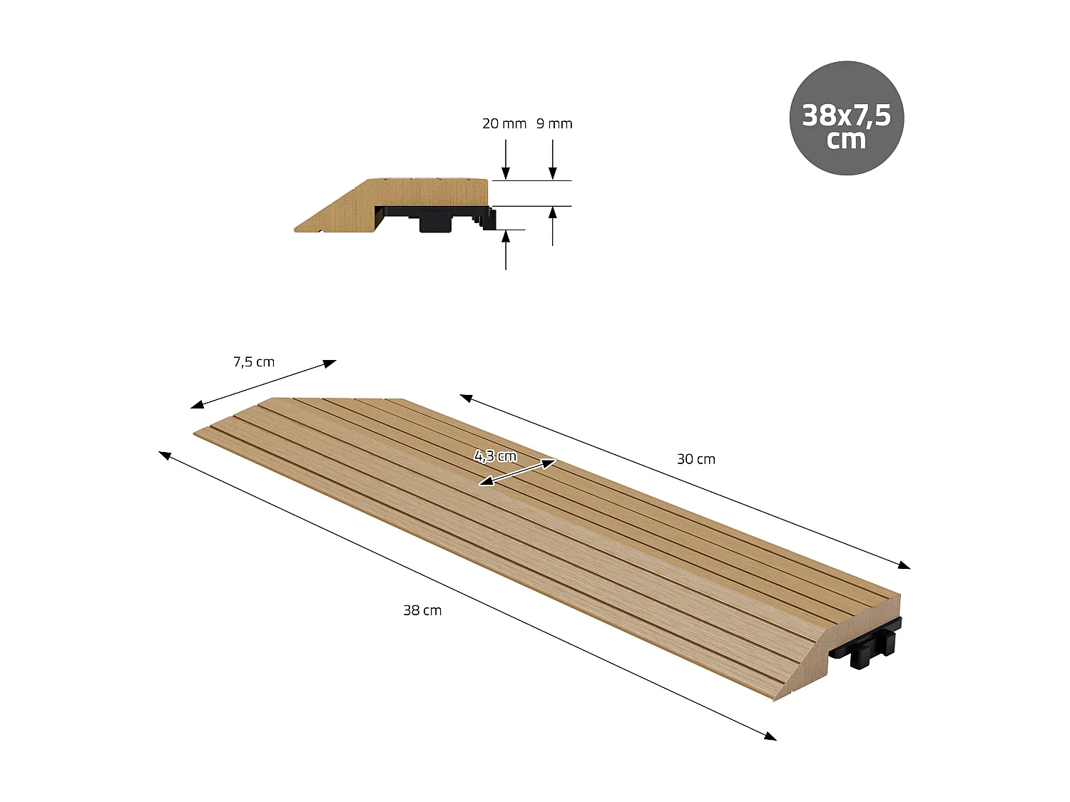 Bordure de finition coin gauche 38x2x7,5cm teck Plinthe d'angle striée aspect de bois avec drainage et structure de support système d'encliquetage