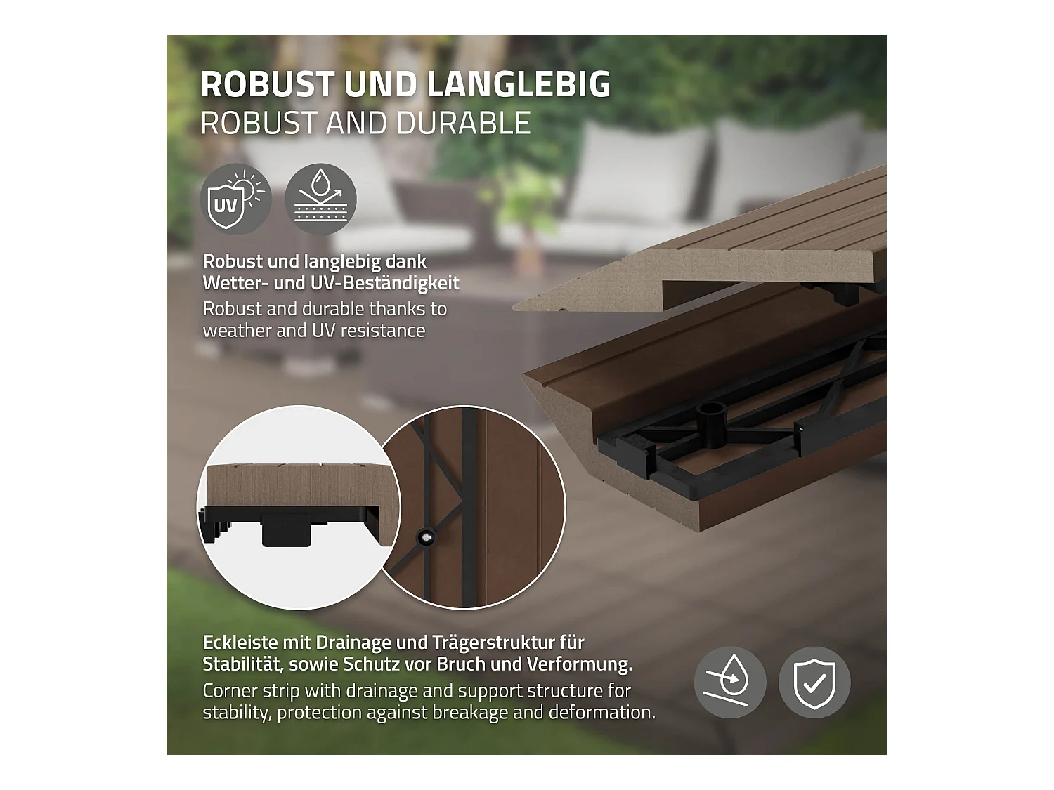 Bordure de finition coin droit 38x2x7,5cm brun foncé Plinthe d'angle striée aspect de bois drainage et structure de support système d'encliquetage