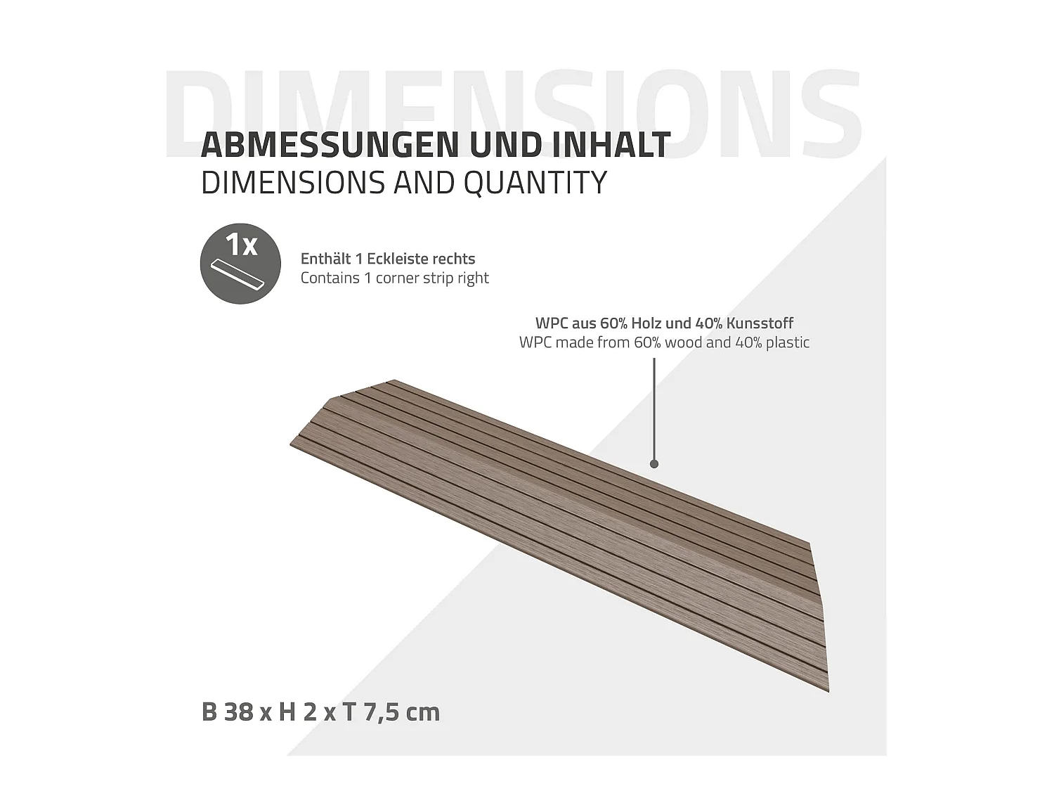 Bordure de finition coin droit 38x2x7,5cm brun foncé Plinthe d'angle striée aspect de bois drainage et structure de support système d'encliquetage