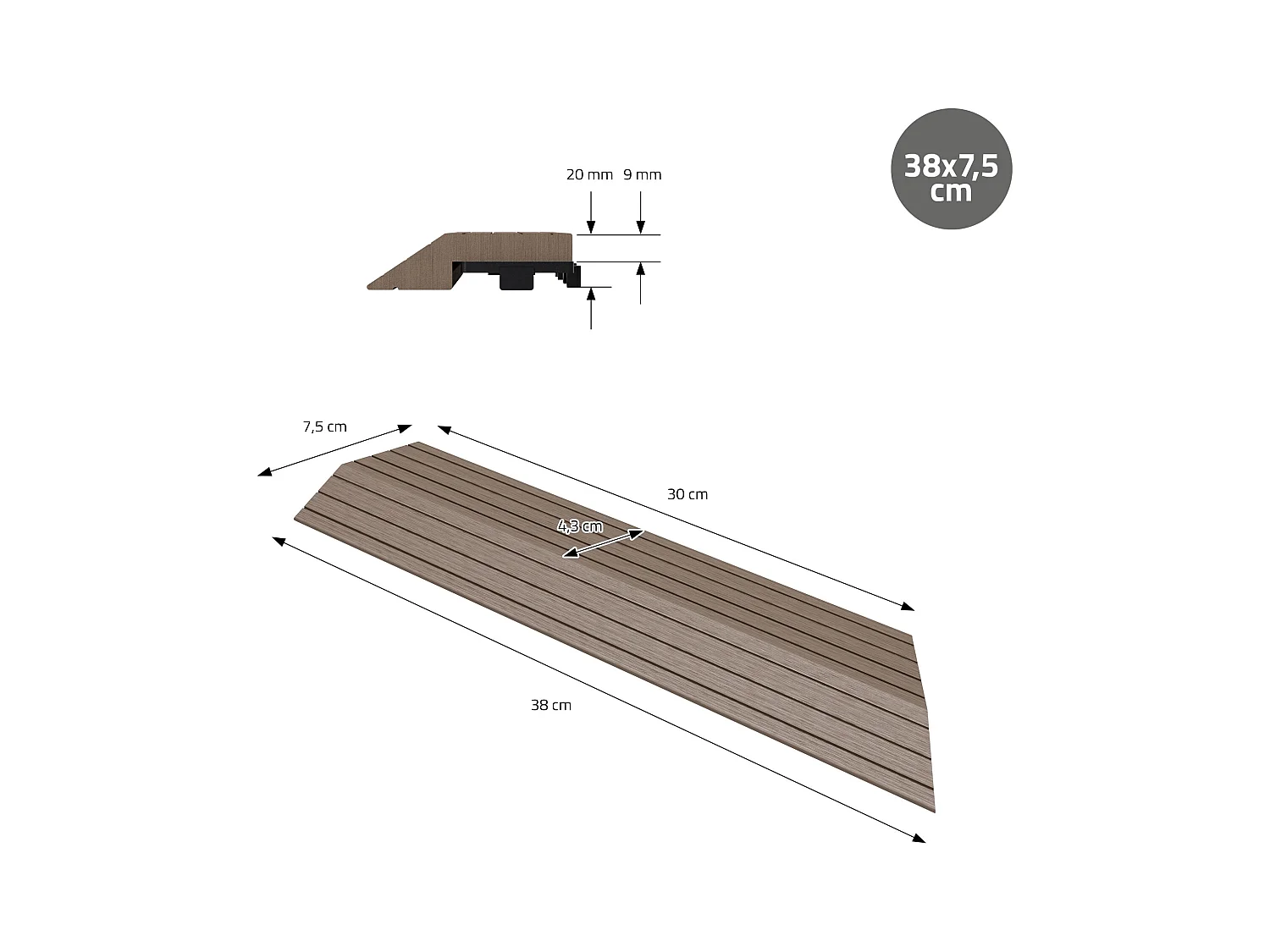 Bordure de finition coin droit 38x2x7,5cm brun foncé Plinthe d'angle striée aspect de bois drainage et structure de support système d'encliquetage