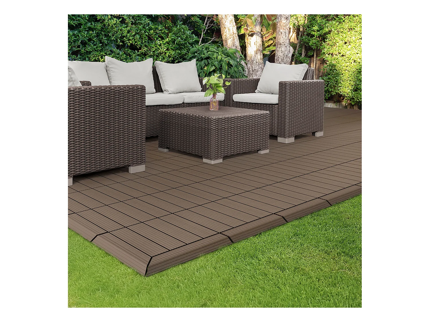 Bordure de finition coin droit 38x2x7,5cm brun foncé Plinthe d'angle striée aspect de bois drainage et structure de support système d'encliquetage