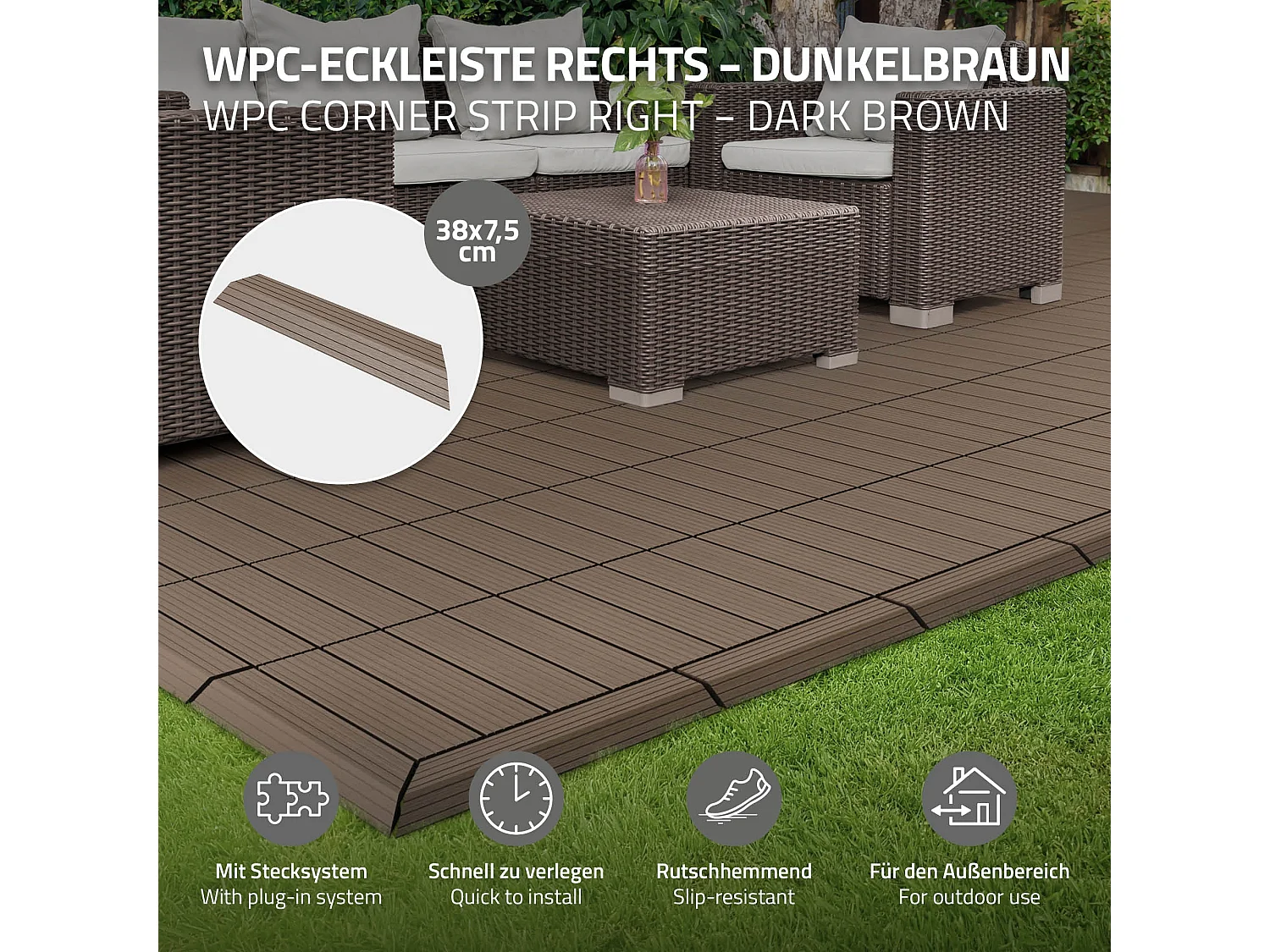 Bordure de finition coin droit 38x2x7,5cm brun foncé Plinthe d'angle striée aspect de bois drainage et structure de support système d'encliquetage