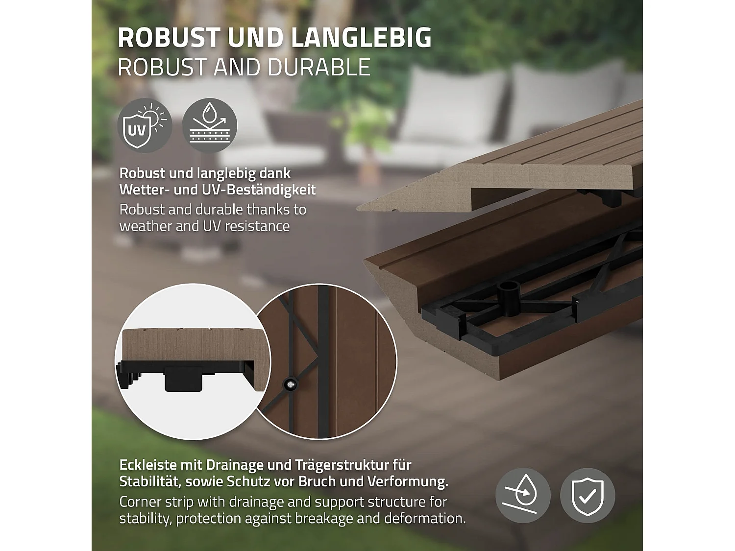 Bordure de finition coin droit 38x2x7,5cm brun foncé Plinthe d'angle striée aspect de bois drainage et structure de support système d'encliquetage
