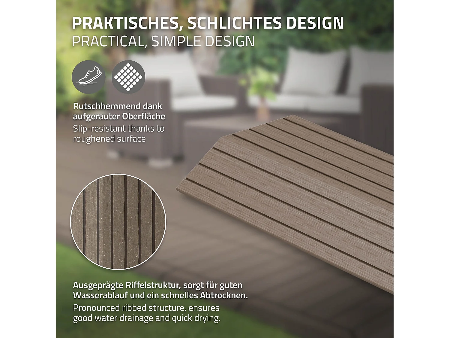 Bordure de finition coin droit 38x2x7,5cm brun foncé Plinthe d'angle striée aspect de bois drainage et structure de support système d'encliquetage